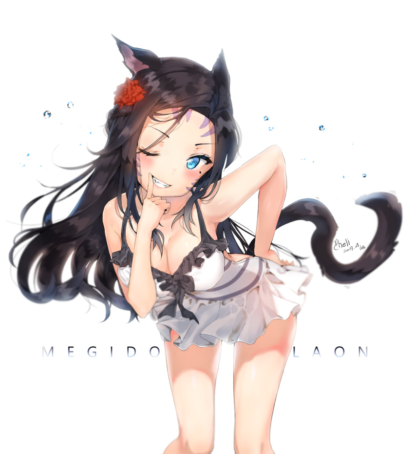 1girl animal_ears artist_name bent_over black_hair blue_eyes blurry breasts cheli_(kso1564) cleavage dated depth_of_field final_fantasy final_fantasy_xiv forehead grin highres long_hair looking_at_viewer medium_breasts miqo'te mole mole_under_eye one-piece_swimsuit one_eye_closed sidelocks signature skirt smile solo striped striped_swimsuit swimsuit tail teeth thighs water_drop whisker_markings white_skirt white_swimsuit