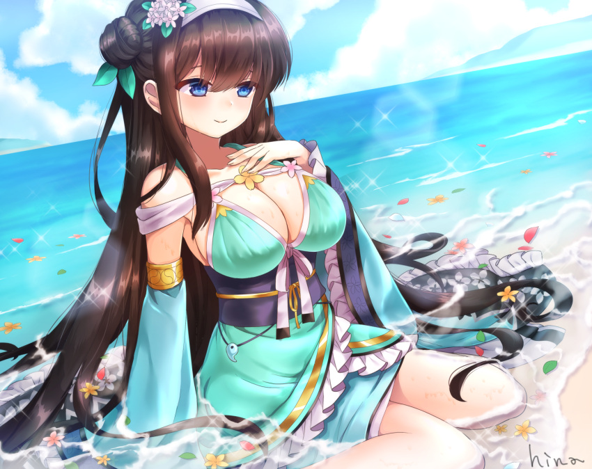 1girl bangs bare_shoulders beach black_hair blue_eyes blue_sky breasts cleavage closed_mouth clouds cloudy_sky collarbone commentary day detached_sleeves dutch_angle flower frilled_kimono frills green_kimono hair_between_eyes hair_bun hair_flower hair_ornament hairband hand_on_own_chest hand_up hi-na1 horizon japanese_clothes kimono large_breasts lens_flare linne_(sennen_sensou_aigis) long_hair looking_away looking_down magatama obi ocean outdoors petals_on_water sash sennen_sensou_aigis shiny shiny_hair sidelocks signature sitting sky sleeveless sleeveless_kimono smile solo sparkle very_long_hair wariza white_flower white_hairband wide_sleeves yellow_flower
