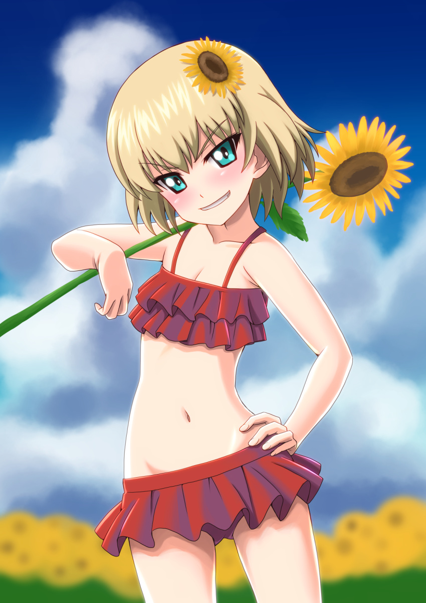 1girl bangs bikini blonde_hair blue_eyes blurry clouds cloudy_sky cowboy_shot day depth_of_field fang flower frilled_bikini frills girls_und_panzer hand_on_hip highres holding katyusha looking_at_viewer navel open_mouth outdoors red_bikini short_hair sky smile solo standing sunflower swimsuit t_k