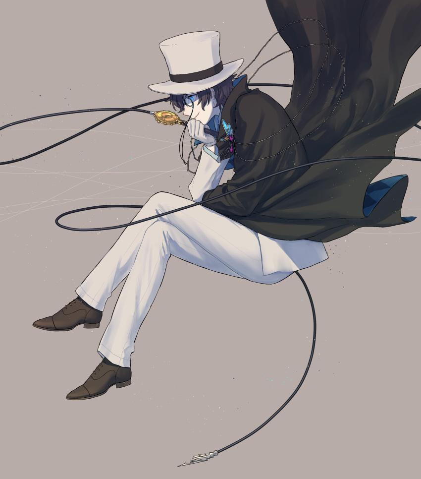 1boy absurdres black_cape black_hair blue_eyes boots brown_boots bungou_to_alchemist cape edogawa_ranpo_(bungou_to_alchemist) formal full_body gloves grey_gloves grey_hat grey_pants highres invisible_chair male_focus monocle pants profile sitting smile solo suit whip yadosumi