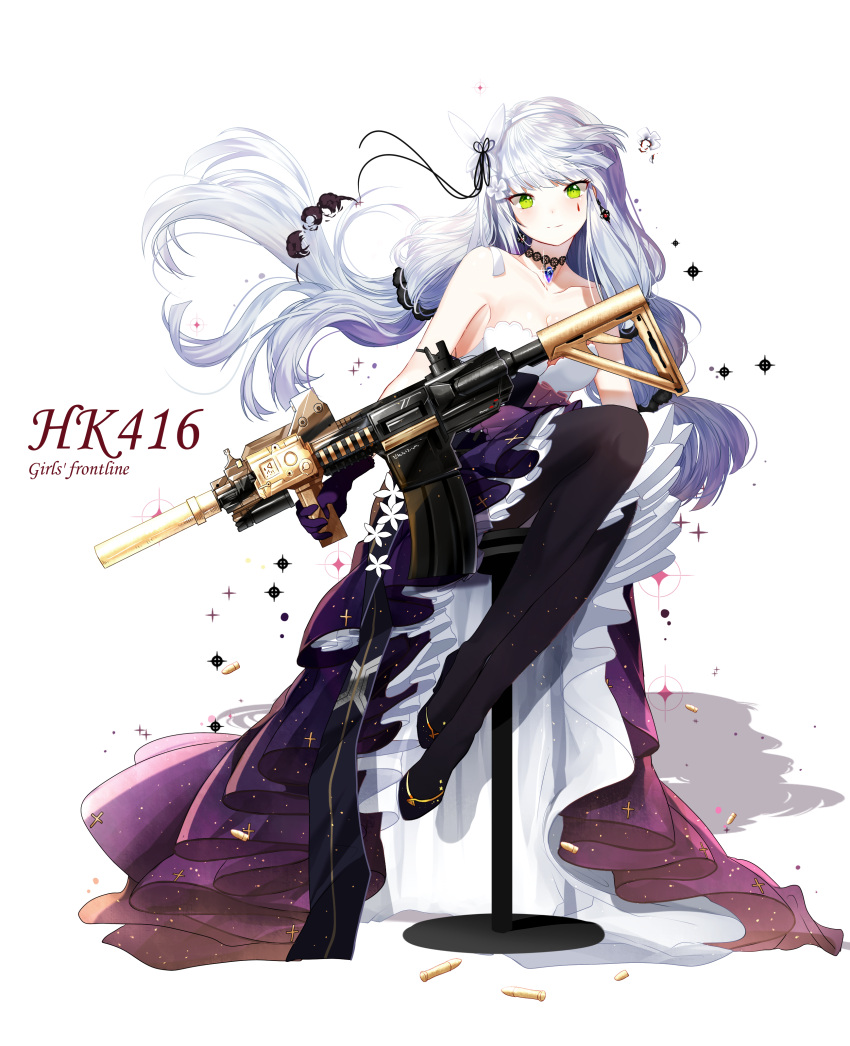 1girl absurdres alternate_costume ammunition assault_rifle bangs bare_shoulders black_choker black_legwear black_ribbon black_shoes breasts bullet butterfly_hair_ornament chair character_name cleavage closed_mouth collarbone copyright_name cross_print dress earrings eyebrows_visible_through_hair facial_mark floating_hair flower full_body gem girls_frontline glint gloves green_eyes grey_background gun hair_flower hair_ornament hair_ribbon hairband head_tilt heckler_&amp;_koch highres hk416 hk416_(girls_frontline) holding holding_gun holding_weapon jewelry legs_together lepoule light_smile long_dress long_hair looking_at_viewer low-tied_long_hair medium_breasts pantyhose pendant print_dress purple_dress purple_gloves ribbon rifle shadow shoes silver_hair simple_background sitting smile solo sparkle strapless strapless_dress transparent_background very_long_hair weapon white_flower white_hairband white_ribbon