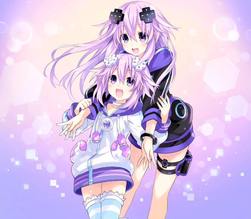 2girls adult_neptune choujigen_game_neptune collarbone cowboy_shot d-pad dual_persona edit gradient gradient_background hair_ornament hood hooded_track_jacket hug jacket long_hair looking_at_another multiple_girls neptune_(choujigen_game_neptune) neptune_(series) official_art open_mouth purple_hair shin_jigen_game_neptune_vii short_hair thigh-highs track_jacket tsunako violet_eyes zettai_ryouiki