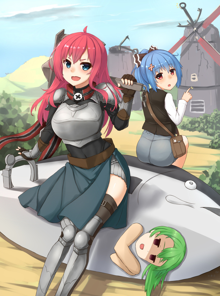 3girls absurdres admiral_hipper_(zhan_jian_shao_nyu) armor bag black_bow blue_eyes blue_hair blush bow breasts character_request eyebrows_visible_through_hair green_hair hair_bow handbag highres large_breasts long_hair looking_at_viewer medium_hair multiple_girls open_mouth parted_lips pink_hair pointing ponytail prinz_eugen_(zhan_jian_shao_nyu) red_eyes short_hair short_ponytail shou_jian_yu sitting smile zhan_jian_shao_nyu