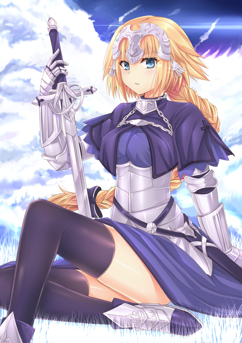 1girl absurdres armor black_legwear blonde_hair blue_eyes braid breasts eyebrows_visible_through_hair fate/apocrypha fate/extella fate/extra fate/grand_order fate_(series) gu_li headpiece highres holding holding_sword holding_weapon large_breasts long_hair looking_at_viewer parted_lips ruler_(fate/apocrypha) sitting solo sword thigh-highs weapon