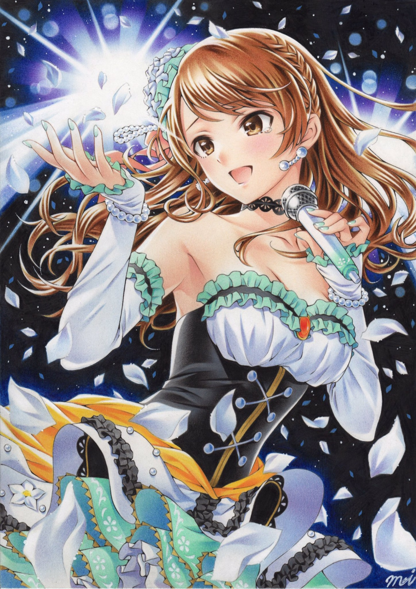1girl artist_request bare_shoulders blush braid breasts brown_eyes brown_hair cleavage colored_pencil_(medium) corset detached_sleeves dress earrings hair_ornament highres houjou_karen idolmaster idolmaster_cinderella_girls idolmaster_cinderella_girls_starlight_stage jewelry long_hair medium_breasts microphone multiple_girls open_mouth petals smile solo traditional_media
