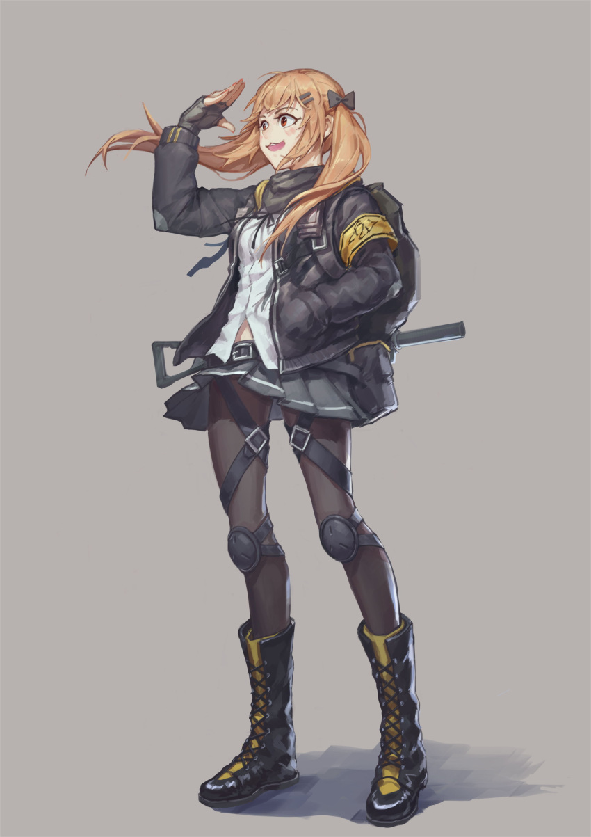 1girl :3 absurdres belt black_boots black_bow black_gloves black_legwear blush boots bow brown_eyes brown_hair eyebrows_visible_through_hair fingerless_gloves full_body girls_frontline gloves grey_skirt gun hair_bow hair_ornament hairclip hand_in_pocket highres knee_boots knee_pads long_hair long_sleeves looking_away open_mouth ouer_moyu pantyhose skirt smile solo twintails ump9_(girls_frontline) weapon