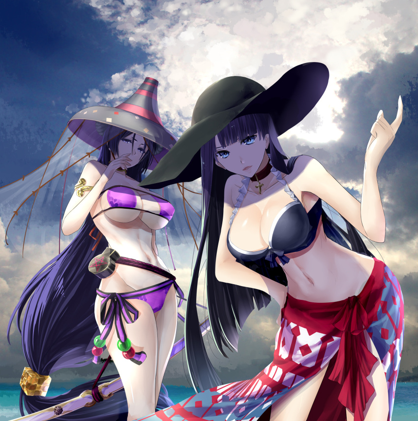 2girls absurdly_long_hair bare_shoulders black_hat blue_eyes breasts chef_no_kimagure_salad choker cleavage collarbone cross fate/grand_order fate_(series) hat highres index_finger_raised large_breasts long_hair looking_at_viewer minamoto_no_raikou_(fate/grand_order) minamoto_no_raikou_(swimsuit_lancer)_(fate) multiple_girls navel purple_hair saint_martha under_boob very_long_hair