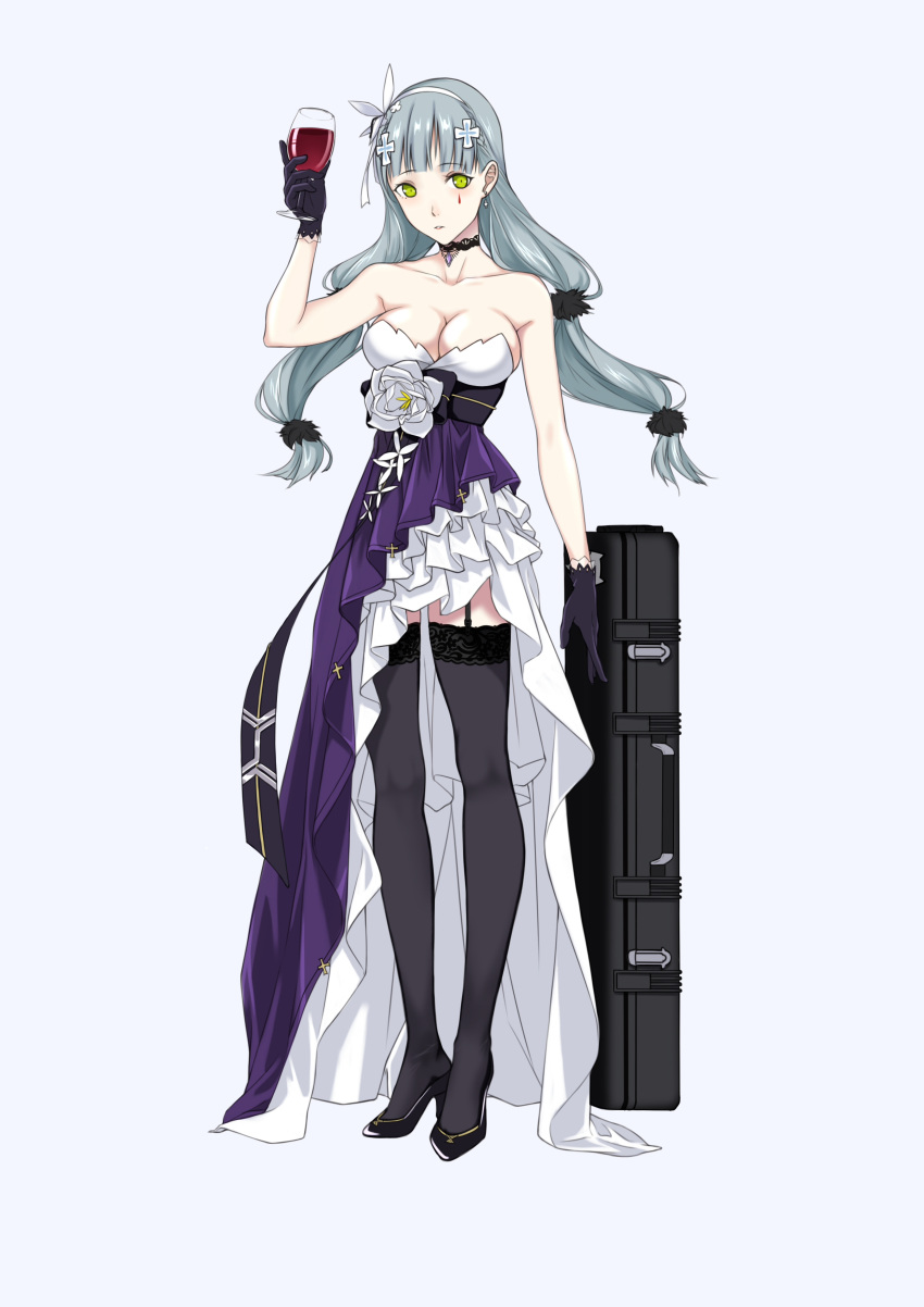 1girl absurdres alcohol arm_at_side bangs bare_shoulders black_gloves black_legwear black_shoes blue_background blue_hair blunt_bangs braid breasts case choker collarbone commentary cross cross_earrings cup dress drinking_glass earrings er_huaa eyebrows_visible_through_hair facial_mark flower formal full_body garter_straps girls_frontline gloves green_eyes hair_ornament head_tilt high_heels highres hk416_(girls_frontline) holding_glass jewelry large_breasts long_hair looking_at_viewer low_twintails parted_lips shoes simple_background sleeveless sleeveless_dress solo strapless strapless_dress thigh-highs twintails very_long_hair wine wine_glass