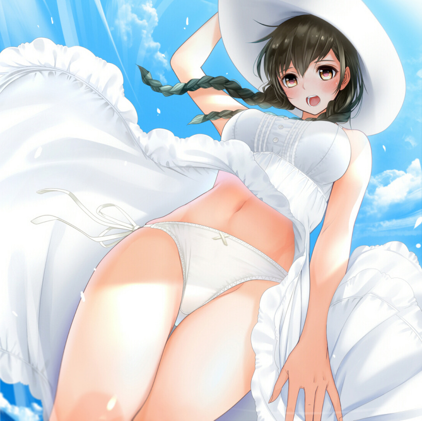 1girl arm_up bangs black_hair blue_sky blush braid breasts brown_eyes clouds cloudy_sky d: day dress dutch_angle eyebrows_visible_through_hair from_below giba_(out-low) hair_between_eyes hand_on_headwear hat long_hair looking_at_viewer medium_breasts navel open_mouth original panties side-tie_panties sky solo sun_hat sundress teeth thighs twin_braids underwear white_dress white_panties wind wind_lift