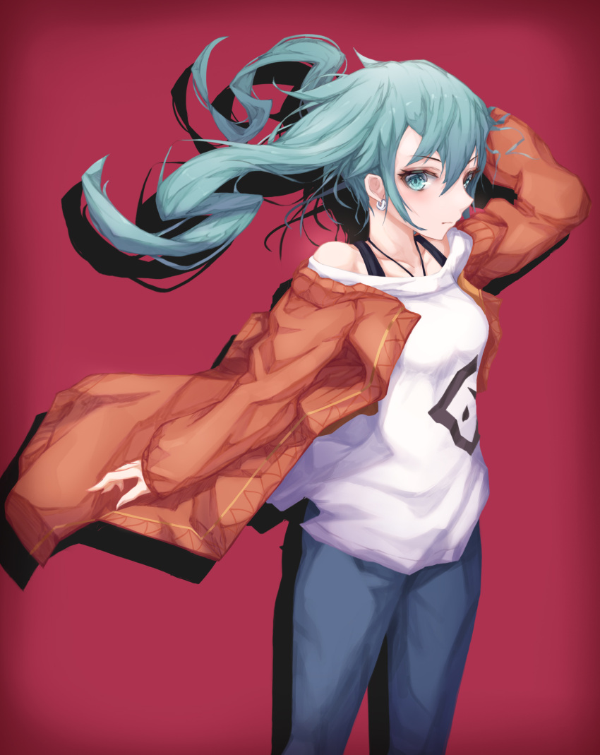 1girl bare_shoulders blue_eyes blue_hair bra_strap closed_mouth collarbone denim earrings eyebrows_visible_through_hair h2o_(dfo) hatsune_miku highres jeans jewelry long_hair looking_at_viewer off_shoulder pants solo twintails vocaloid