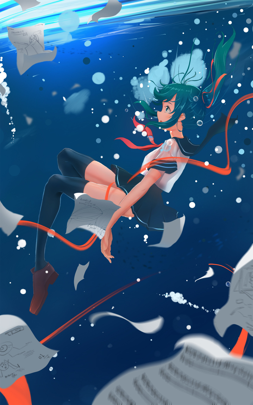 1girl absurdres artist_name black_legwear black_skirt blue_eyes blue_hair blush bubble dated drawing from_side hair_ribbon hatsune_miku highres lancercomet long_hair looking_away neckerchief paper parted_lips ponytail red_neckerchief red_ribbon ribbon sheet_music skirt solo thigh-highs underwater vocaloid