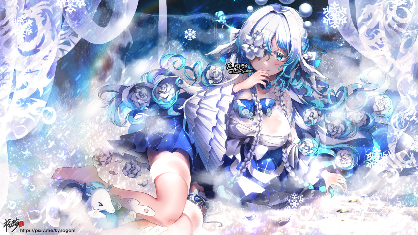 1girl artist_name barefoot blue_eyes blue_skirt blush breasts cleavage closed_mouth commission eyebrows_visible_through_hair hair_over_one_eye highres korean kyjsogom large_breasts long_hair looking_at_viewer lying on_side original pixiv_username skirt smile snowflakes solo twitter_username watermark web_address white_hair