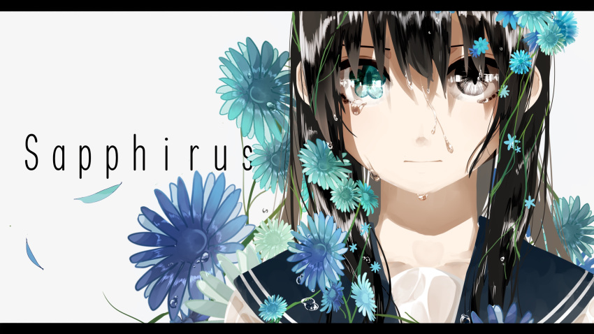 1girl black_hair blue_eyes closed_mouth collarbone crying crying_with_eyes_open expressionless flower grey_eyes heterochromia highres letterboxed long_hair looking_at_viewer original school_uniform serafuku solo tears upper_body yuzua