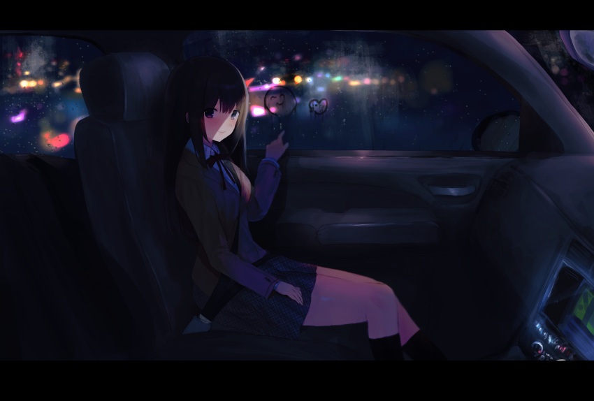 1girl absurdres black_legwear blush breasts brown_hair car_interior closed_mouth grey_eyes highres kneehighs looking_at_viewer medium_breasts medium_hair original rain sitting smile window_fog window_writing