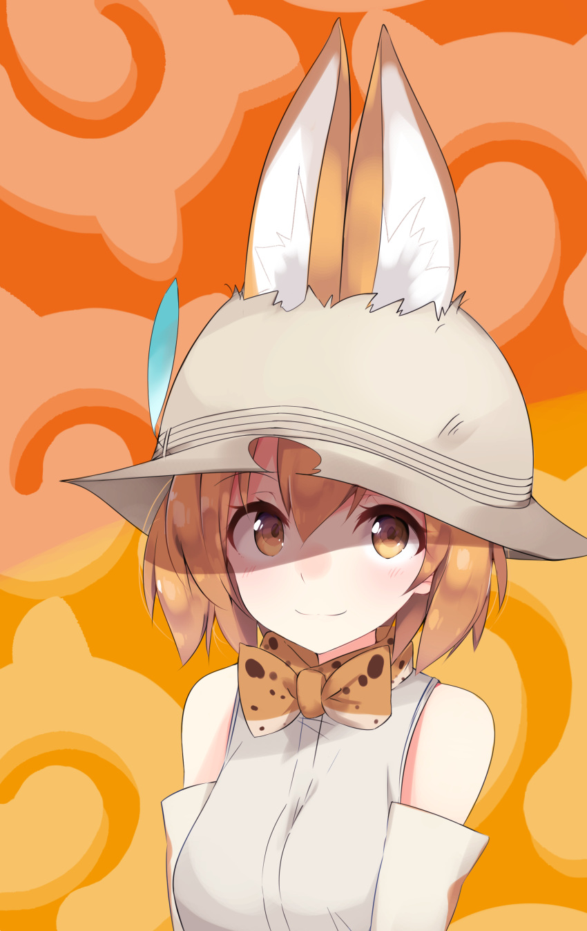 1girl :3 absurdres animal_ears blonde_hair blush bow bowtie bucket_hat closed_mouth commentary doorknoble ears_through_headwear elbow_gloves gloves hair_between_eyes hat hat_feather highres japari_symbol kemono_friends looking_at_viewer nose_blush serval_(kemono_friends) serval_ears serval_print shirt short_hair sleeveless sleeveless_shirt solo upper_body white_shirt yellow_eyes