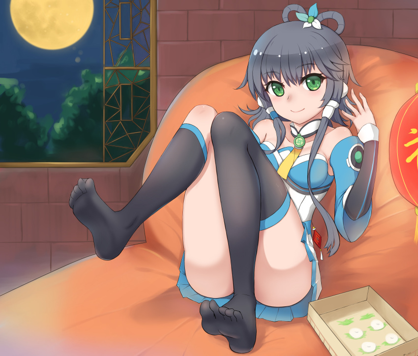 1girl absurdres black_hair black_legwear blush breasts closed_mouth collarbone eyebrows_visible_through_hair green_eyes highres indoors kneehighs large_breasts long_hair looking_at_viewer luo_tianyi lying moon night on_back shou_jian_yu smile solo thigh-highs vocaloid vocanese
