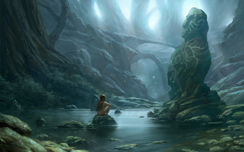 1girl breasts brown_hair fantasy from_behind grass long_hair marktal medium_breasts nude original outdoors river rock scenery sitting solo statue tree water