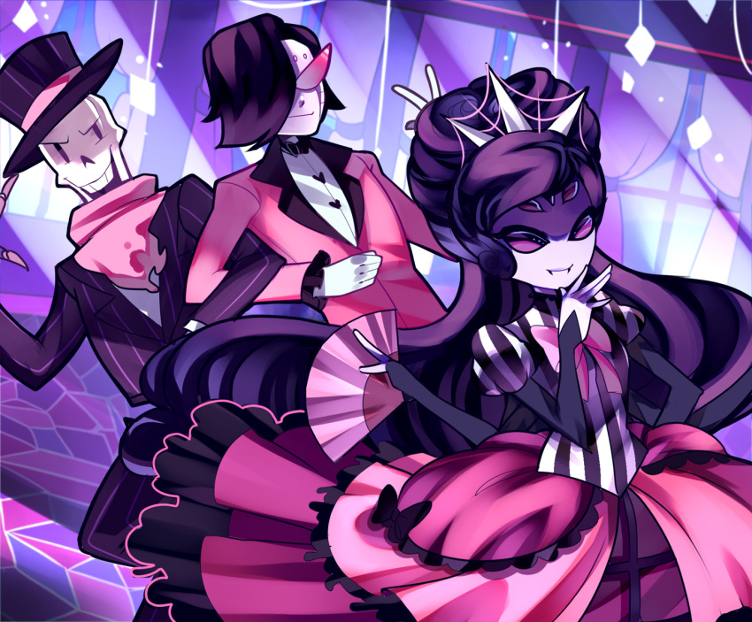 1boy 1girl 1other alternate_costume alternate_hair_length alternate_hairstyle android artist_name black_hair dress extra_eyes fan formal hat highres insect_girl mettaton mettaton_ex monster_girl muffet multiple_arms papyrus_(undertale) rotodisk scarf skeleton suit sunglasses top_hat undertale