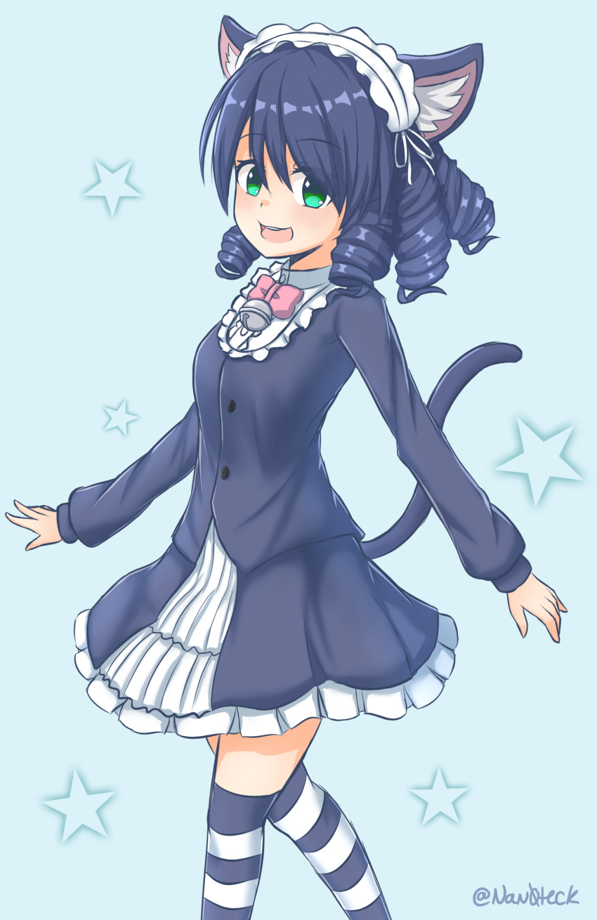 1girl animal_ears artist_name bell black_legwear blue_hair blush bow cat_ears cat_tail cyan_(show_by_rock!!) drill_locks eyebrows_visible_through_hair green_eyes highres long_sleeves looking_at_viewer maid_headdress nan0teck open_mouth pink_bow short_hair show_by_rock!! smile solo striped striped_legwear tail thigh-highs twitter_username white_legwear