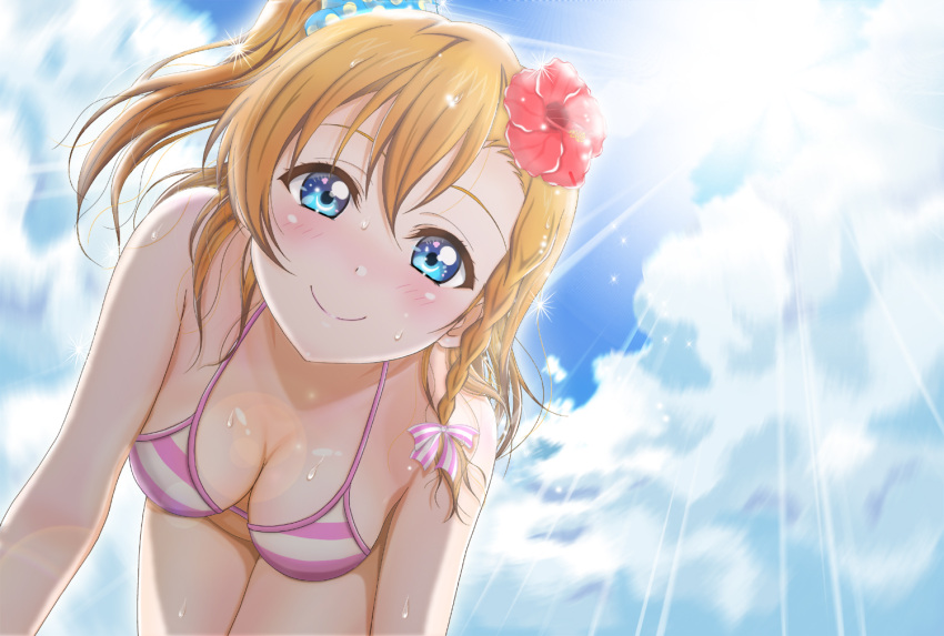 1girl all_fours bangs bikini blue_eyes blush bow braid breasts cleavage commentary_request flower h.i.t_(59-18-45) hair_bow hair_flower hair_ornament kousaka_honoka lens_flare light_rays looking_at_viewer love_live! love_live!_school_idol_project medium_breasts one_side_up orange_hair scrunchie side_braid smile solo striped striped_bikini sunbeam sunlight swimsuit wet