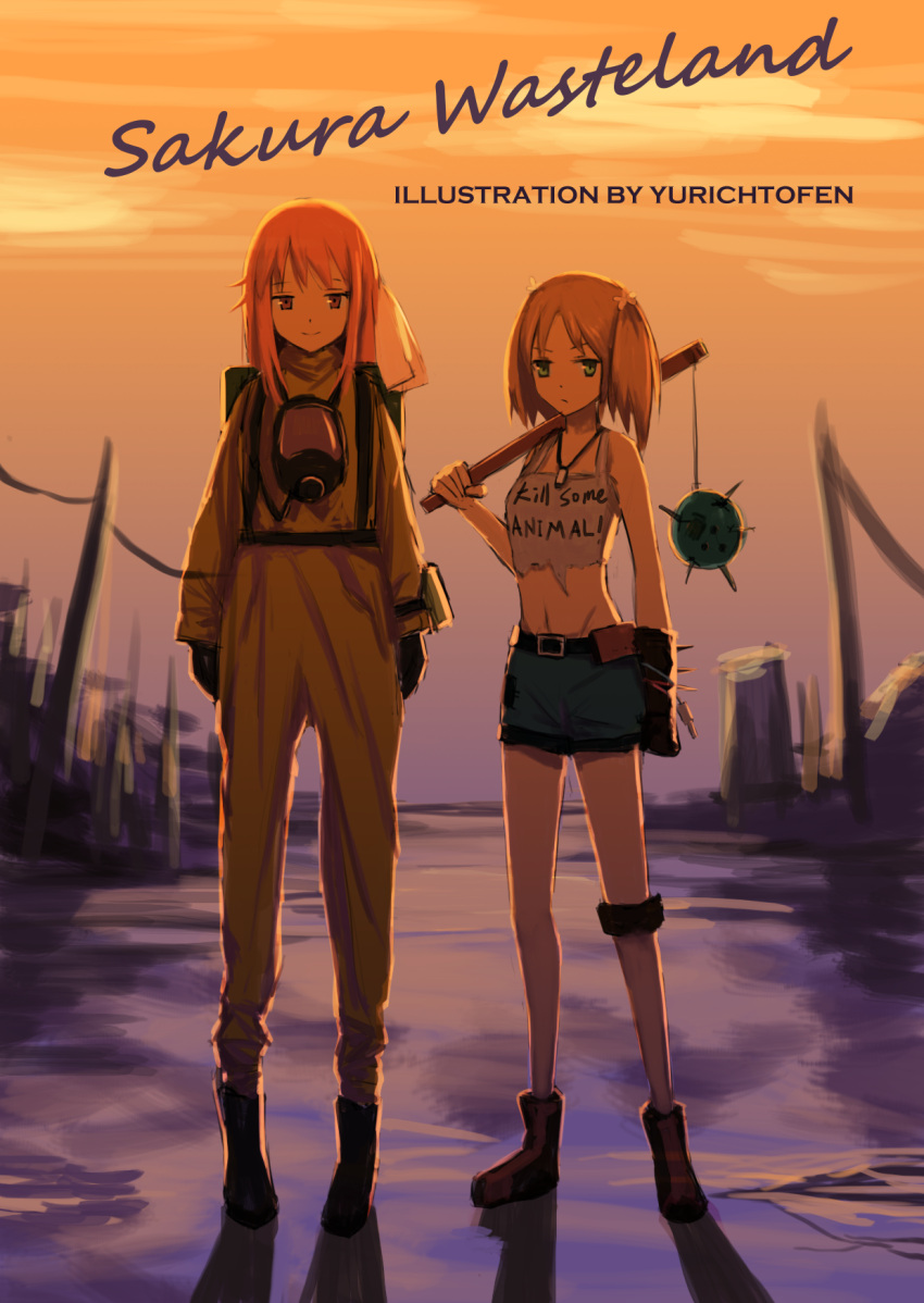 2girls :/ arm_at_side arms_at_sides artist_name belt black_boots black_gloves blonde_hair blue_eyes blue_shorts boots brown_boots closed_mouth clothes_writing clouds crop_top english flail flower full_body gas_mask gloves hair_flower hair_ornament hair_ribbon hazmat_suit head_tilt highres holding holding_weapon jewelry leg_strap long_hair looking_at_viewer midriff morning_star multiple_girls necklace outdoors red_eyes redhead ribbon romaji sakura_trick shirt shorts silhouette single_gloves sky sleeveless sleeveless_shirt smile sonoda_yuu spiked_gloves standing sunset takayama_haruka twintails weapon white_ribbon white_shirt yurichtofen