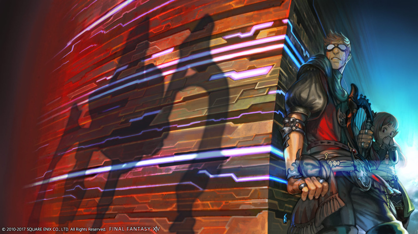 1boy 1girl bard_(final_fantasy) blonde_hair covering_mouth final_fantasy final_fantasy_xiv goggles harp highres hyur instrument jewelry lalafell long_hair maze official_art pointy_ears red_eyes redhead ring shadow sweatdrop twintails watermark