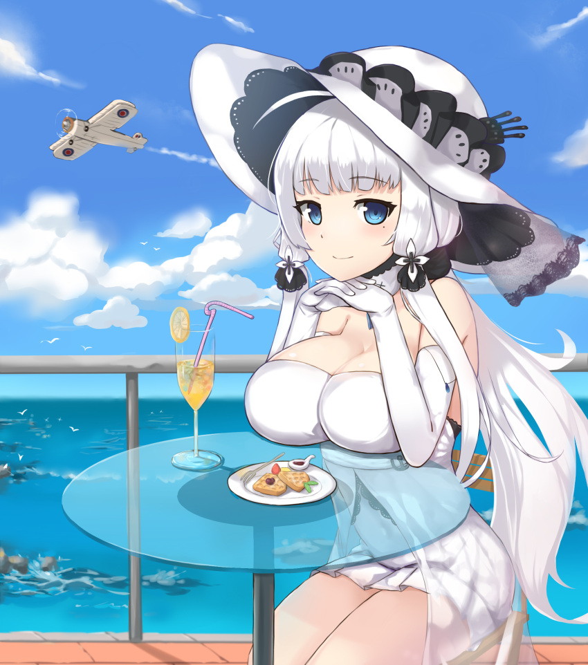 1girl aircraft airplane bare_shoulders bilan_hangxian blue_eyes blush breast_rest breasts chair cleavage closed_mouth cup drinking_glass drinking_straw elbow_gloves eyebrows_visible_through_hair food fork fruit gloves hat highres illustrious_(bilan_hangxian) large_breasts long_hair looking_at_viewer mole mole_under_eye plate railing shou_jian_yu sitting smile solo strawberry table waffle white_gloves white_hair white_hat
