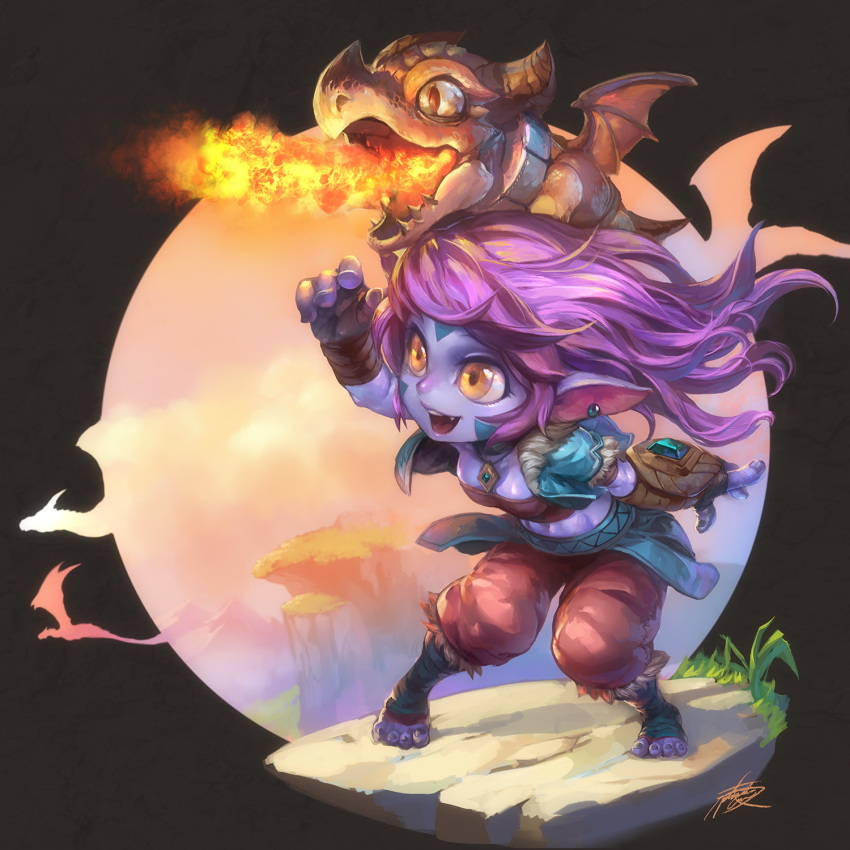 1girl :d black_background blue_skin breasts cliff clouds crop_top dragon dragon_tamer_tristana earrings facial_mark fang feet fingerless_gloves fire full_body fur_trim gloves grass highres jacket jewelry league_of_legends leaning_forward medium_hair midriff mountain navel neckerchief open_clothes open_jacket open_mouth orange_eyes pants phantom_ix_row pointy_ears purple_hair short_sleeves simple_background sky sleeveless smile standing tristana vambraces yordle