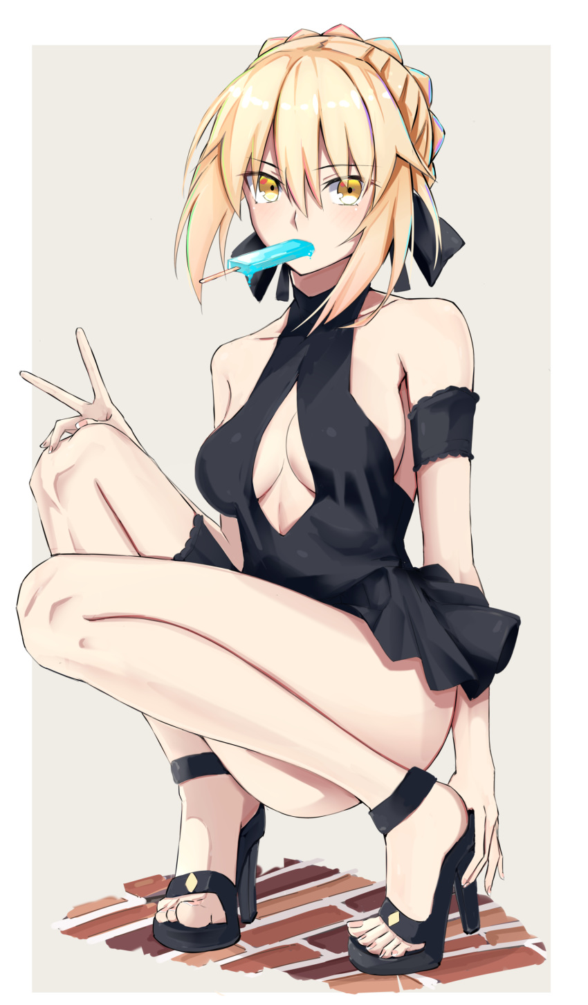 1girl absurdres artoria_pendragon_(swimsuit_rider_alter)_(fate) black_bow blonde_hair bow breasts cleavage eyebrows_visible_through_hair fate/grand_order fate_(series) food hair_bow high_heels highres looking_at_viewer medium_breasts popsicle short_hair sideboob solo squatting v yellow_eyes yuchio