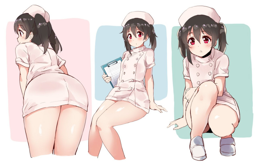 1girl alternate_costume ass bare_arms bare_legs black_hair buttons cropped_legs from_behind hair_between_eyes hat kneeling kurokawa_makoto leaning_forward looking_at_viewer love_live! love_live!_school_idol_project multiple_views nurse nurse_cap red_eyes shoes short_hair sitting two_side_up white_background white_shoes yazawa_nico