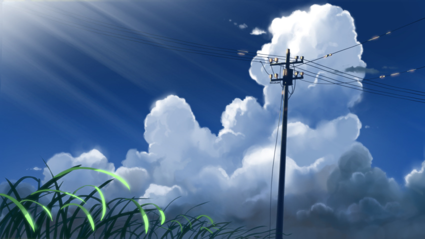 blue_sky cable clouds commentary day grass highres light_rays mclelun no_humans outdoors scenery sky telephone_pole