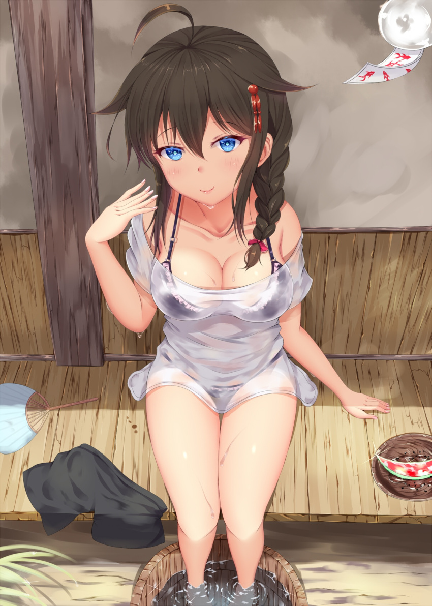 1girl ahoge bikini blue_eyes braid breasts cleavage fan hair_flaps hair_ornament hair_over_shoulder highres hot kantai_collection long_hair medium_breasts paper_fan porch remodel_(kantai_collection) see-through shigure_(kantai_collection) shiro_usagi single_braid sitting smile soaking_feet solo sweat swimsuit swimsuit_under_clothes uchiwa veranda wet wet_clothes wind_chime