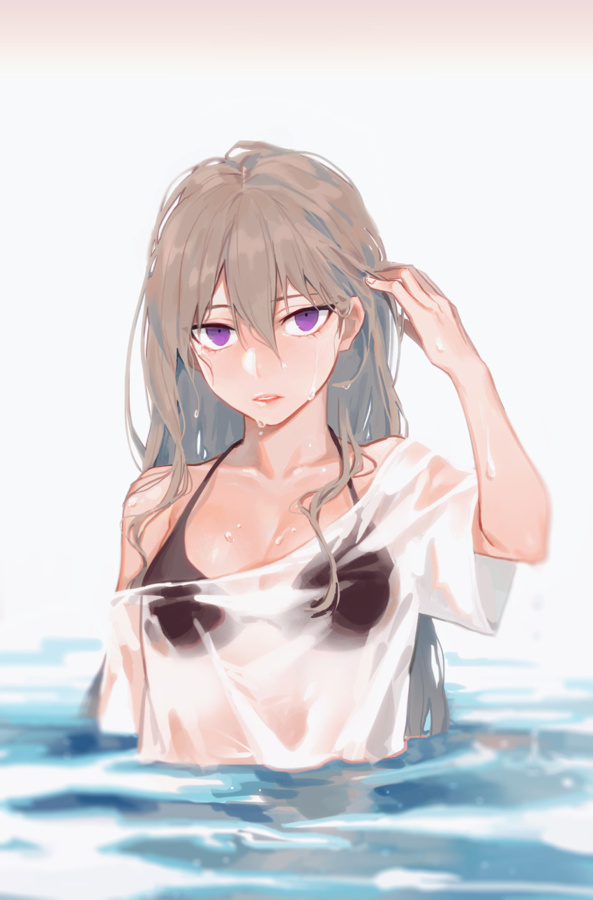 1girl 8c blush breasts brown_hair cleavage collarbone highres large_breasts long_hair looking_at_viewer original parted_lips partially_submerged shirt solo upper_body violet_eyes wet wet_clothes wet_shirt
