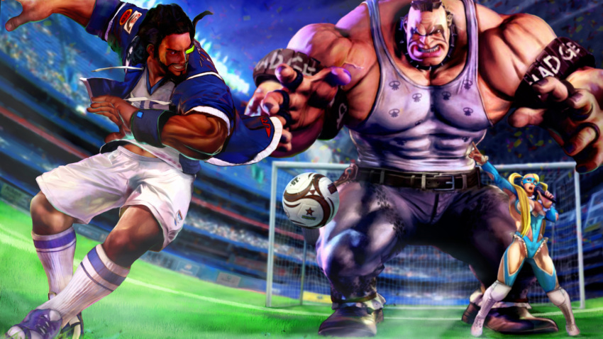 1girl 2boys abigail_(final_fight) abs armband ball belt black_hair black_shoes blonde_hair blue_shoes boots cleats collar covered_navel dark_skin facial_hair final_fight grin highres holding holding_microphone jersey jewelry microphone multiple_boys muscle net pointing rainbow_mika rashid_(street_fighter) ring scouter shidouwork shoes shorts size_difference skull_print smile soccer_ball soccer_field soccer_uniform spiked_collar spikes sportswear stadium street_fighter street_fighter_v twintails white_boots white_shorts