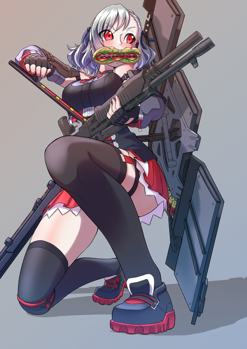 1girl absurdres asymmetrical_bangs bangs black_gloves black_legwear black_shoes blue_ribbon blush breasts commentary dragoncastle fingerless_gloves food full_body girls_frontline gloves grey_hair gun hair_ribbon highres holding holding_gun holding_weapon large_breasts lettuce meat mouth_hold one_knee pleated_skirt red_eyes red_skirt ribbon shield shoes shotgun shotgun_shells silhouette skirt solo spas-12 spas-12_(girls_frontline) submarine_sandwich thigh-highs tomato twintails weapon