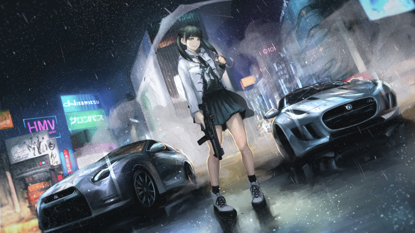 1girl black_hair car ground_vehicle gun hair_over_shoulder holding holding_gun holding_weapon jaguar_(car) jaguar_f-type koh_(minagi_kou) long_hair long_sleeves motor_vehicle night nissan nissan_gt-r original rain revision school_uniform serafuku shibuya_(tokyo) sig_sauer sig_sauer_mpx sign solo submachine_gun tokyo_(city) twintails umbrella vehicle weapon