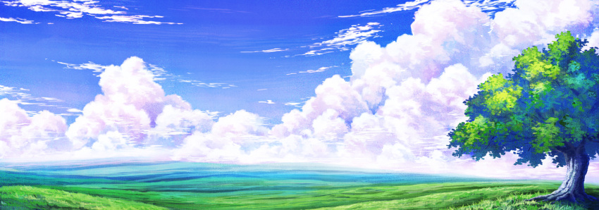 aoha_(twintail) blue_sky clouds cloudy_sky commentary_request day grass landscape no_humans outdoors panorama scenery sky tree valley