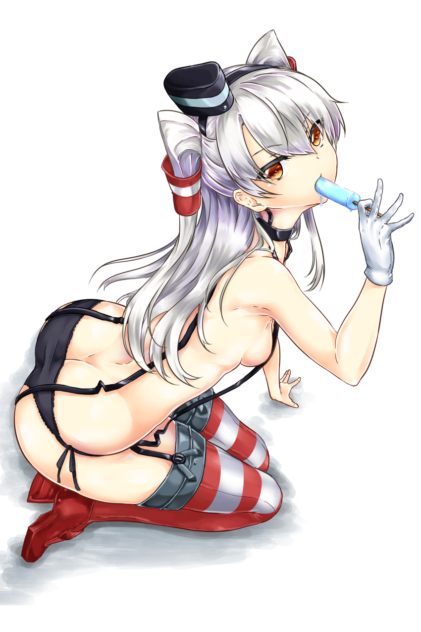 1girl absurdres amatsukaze_(kantai_collection) arm_support ass black_hairband black_panties breasts brown_eyes eyebrows_visible_through_hair food full_body gloves hairband highres ice_cream kantai_collection kneeling long_hair looking_at_viewer panties red_eyes renkon_(s36tereste) sideboob silver_hair simple_background small_breasts solo striped striped_legwear thigh-highs underwear white_background white_gloves