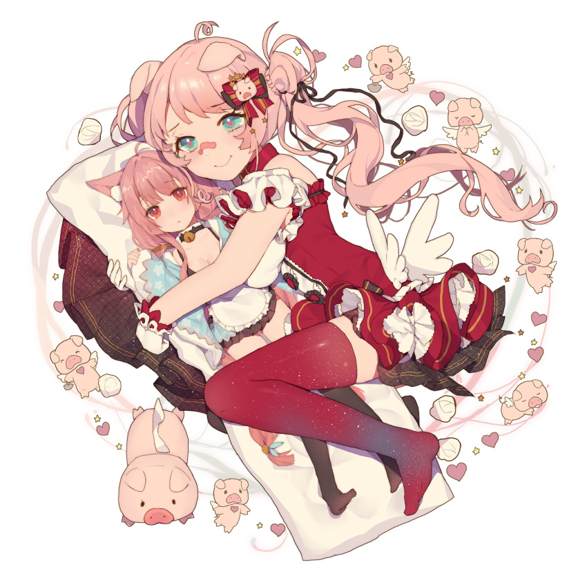 1girl acidear animal_ears black_ribbon blush bow breasts cleavage closed_mouth dakimakura_(object) eyebrows_visible_through_hair green_eyes hair_bow hair_ribbon heart heart-shaped_pupils highres holding holding_pillow kai-ri-sei_million_arthur large_breasts long_hair looking_at_viewer official_art pig_ears pillow red_bow red_legwear ribbon smile solo symbol-shaped_pupils thigh-highs twintails
