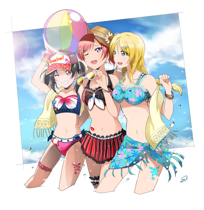 3girls :d alternate_hairstyle ayase_eli ball bangle baseball_cap beachball bibi_(love_live!) bikini_skirt bikini_top black_hair blonde_hair blue_eyes blue_nails bracelet braid clenched_hand commentary_request copyright_name cropped_legs dated earrings flower grin hair_ornament hairpin hat hat_flower highres holding holding_sunglasses jewelry leg_garter leg_tattoo lens_flare lipstick_mark love_live! love_live!_school_idol_project midriff multiple_girls nail_polish navel nishikino_maki one_eye_closed open_mouth ponytail red_eyes red_nails redhead sarong signature single_braid smile stomach_tattoo straw_hat suan_ringo sunglasses sunglasses_removed swimsuit tankini tattoo thigh_strap towel towel_around_neck twintails violet_eyes water_drop yazawa_nico