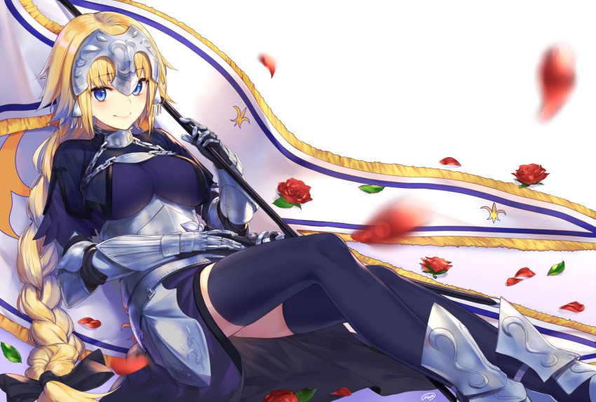 1girl armor bangs black_ribbon blonde_hair blue_eyes blue_legwear blurry blush bow braid breasts chains closed_eyes closed_mouth depth_of_field eyebrows_visible_through_hair fate/apocrypha fate_(series) faulds flag flower gauntlets gradient gradient_background greaves hair_bow hair_ribbon haruato headpiece highres holding_flag impossible_clothes impossible_shirt large_breasts leaf leaning_back long_hair looking_at_viewer navy_blue_legwear petals ribbon rose_petals ruler_(fate/apocrypha) shirt sidelocks simple_background single_braid sitting smile solo standard_bearer thigh-highs tress_ribbon underbust very_long_hair