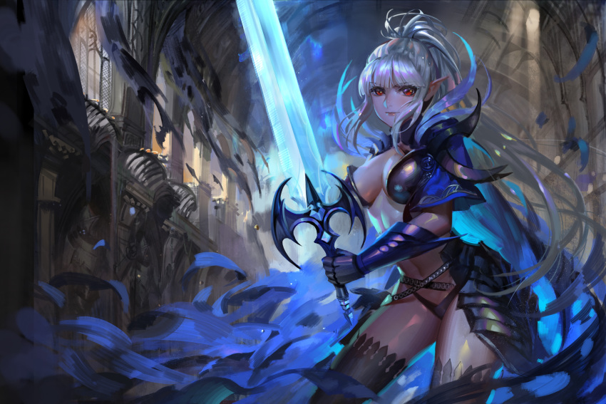 1girl absurdres armor breasts cleavage eyebrows_visible_through_hair highres holding holding_weapon kirbyheimi large_breasts long_hair looking_at_viewer navel original pixiv_fantasia pixiv_fantasia_revenge_of_the_darkness pointy_ears ponytail red_eyes scenery silver_hair solo weapon