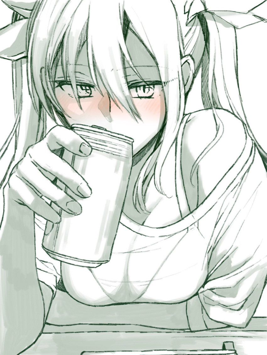 1girl alternate_costume arm_rest bare_shoulders beer_can blush bra breasts can cleavage commentary commentary_request drinking eyebrows_visible_through_hair hair_between_eyes hair_over_shoulder hair_ribbon highres holding holding_can kantai_collection long_hair looking_at_viewer multiple_monochrome nose_blush off_shoulder ribbon shirt short_sleeves solo t-shirt table tone_(kantai_collection) twintails underwear upper_body yami_(m31)