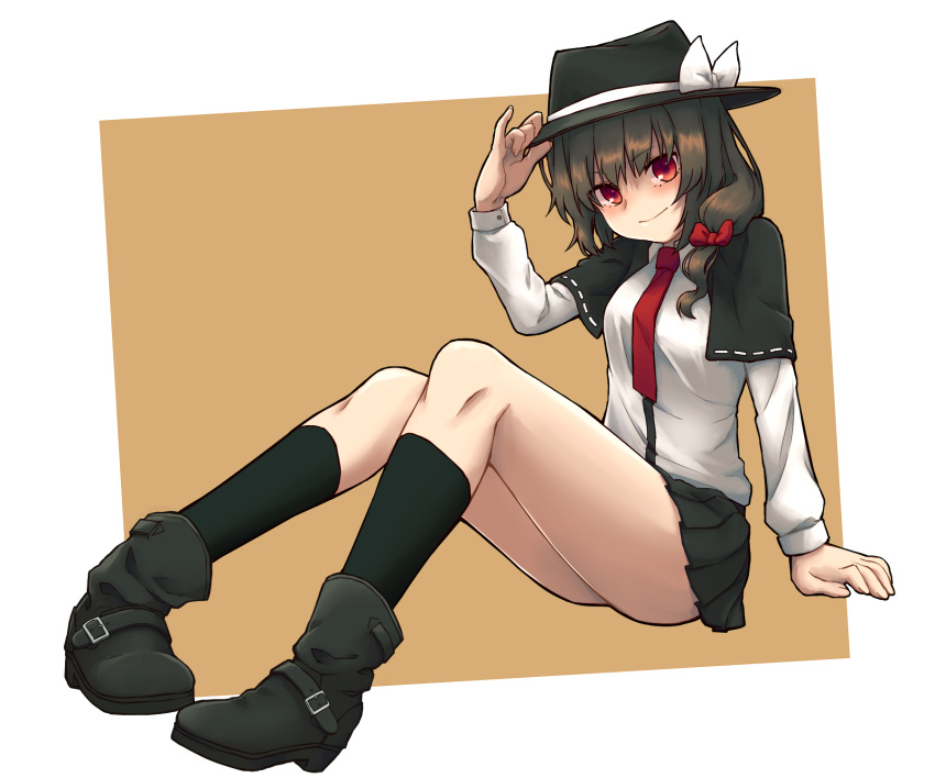 1girl arm_up bangs black_hair black_hat black_legwear black_shoes black_skirt bow capelet closed_mouth collared_shirt eyebrows_visible_through_hair full_body hair_bow hand_on_headwear hat hat_bow highres kneehighs long_sleeves looking_at_viewer miniskirt multicolored multicolored_background namec0 necktie pleated_skirt red_bow red_eyes red_necktie shirt shoes sitting skirt smile solo thighs touhou two-tone_background usami_renko white_bow white_shirt