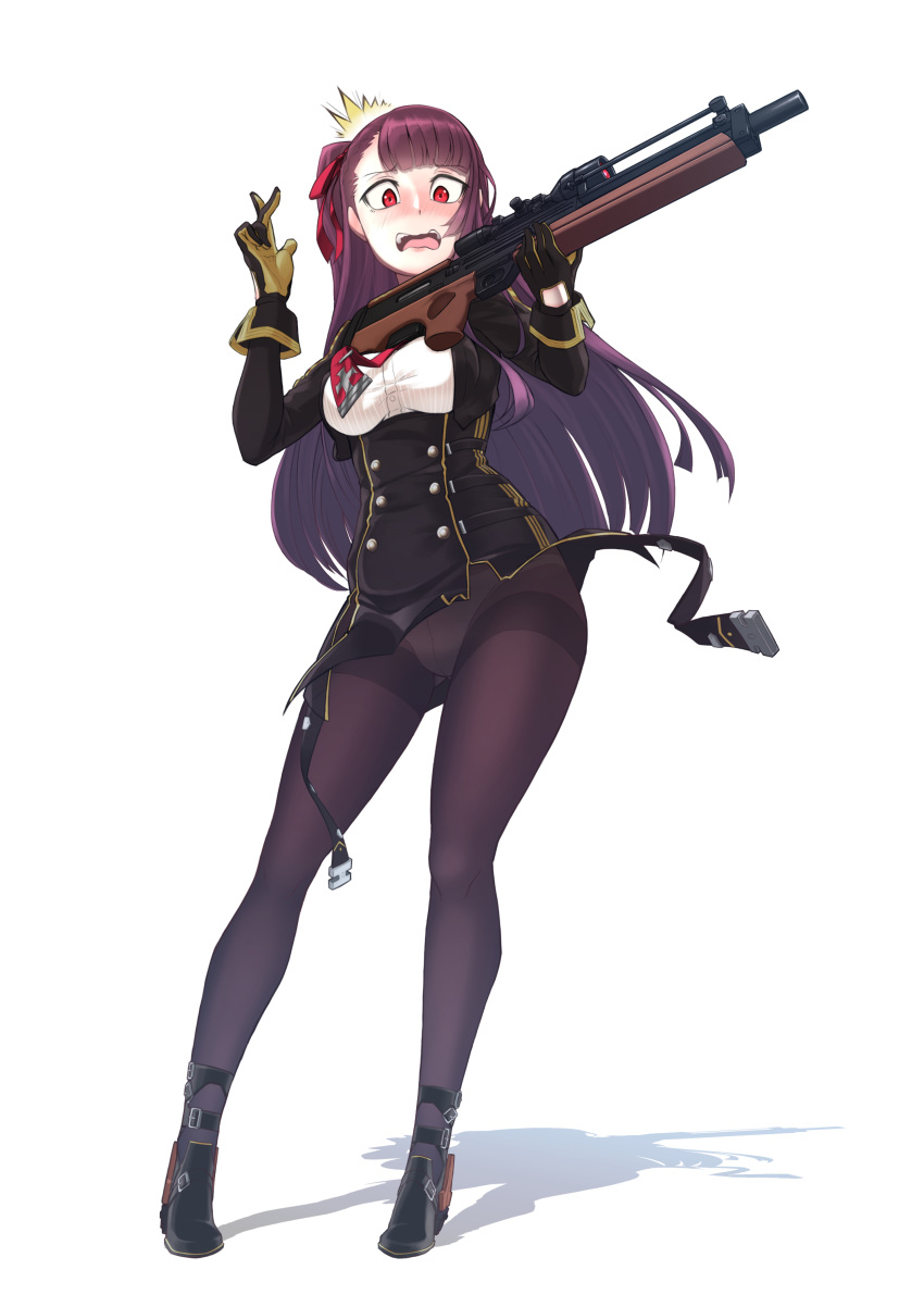 /\/\/\ 1girl absurdres asymmetrical_bangs bangs black_legwear blush boots breasts brown_boots bullpup commentary dragoncastle eyebrows_visible_through_hair full_body girls_frontline gloves gun hair_ribbon highres holding holding_gun holding_weapon long_hair long_sleeves looking_at_viewer medium_breasts necktie nose_blush one_side_up open_mouth panties panties_under_pantyhose pantyhose purple_hair red_eyes red_necktie red_ribbon ribbon rifle silhouette sniper_rifle solo standing underwear very_long_hair wa2000_(girls_frontline) walther walther_wa_2000 weapon white_background