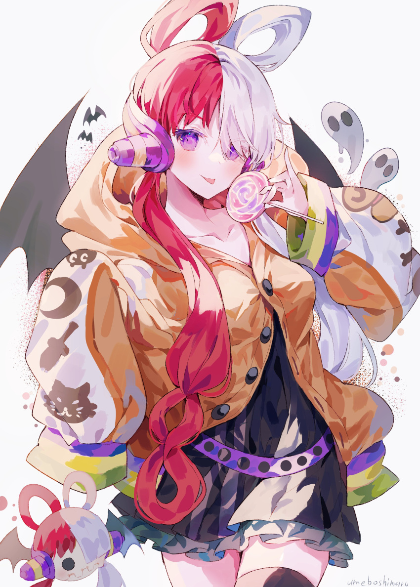1girl :p absurdres alternate_costume bat_(animal) bat_wings black_dress blush buttons candy collarbone cowboy_shot dress fake_wings food frilled_dress frills ghost hair_over_one_eye hair_rings halloween hands_up headphones highres holding holding_candy holding_food holding_lollipop hood hood_down hooded_jacket jacket lollipop long_hair long_sleeves multicolored_hair one_piece one_piece_film:_red orange_jacket oversized_clothes redhead solo split-color_hair tongue tongue_out two-tone_hair umemaro_(siona0908) uta_(one_piece) very_long_hair violet_eyes white_hair wings