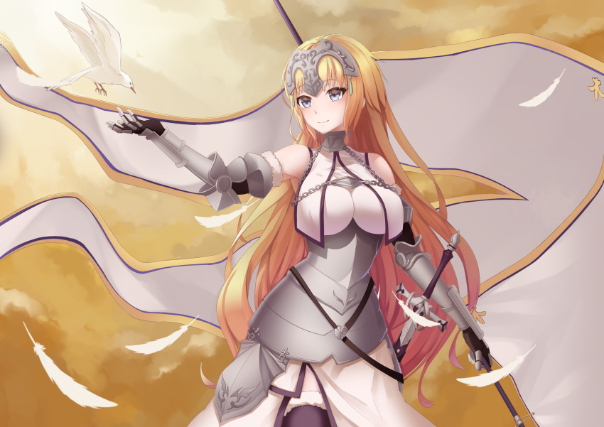 1girl absurdres armor bird blonde_hair blue_eyes blush breasts closed_mouth eyebrows_visible_through_hair fate/grand_order fate_(series) flag headpiece highres holding_flag large_breasts long_hair looking_away rabi_(17865662561) ruler_(fate/apocrypha) smile solo sword weapon