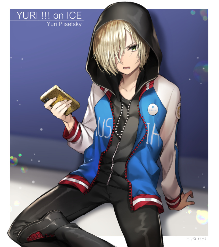 1boy annoyed arm_support bangs black_pants blonde_hair cellphone character_name emblem gambe green_eyes hair_over_one_eye highres holding holding_cellphone holding_phone hood hood_up hoodie jacket letterman_jacket light_particles long_hair long_sleeves looking_at_viewer male_focus open_clothes open_jacket open_mouth pants partially_unbuttoned phone shoes sitting smartphone solo unzipped yuri!!!_on_ice yuri_plisetsky