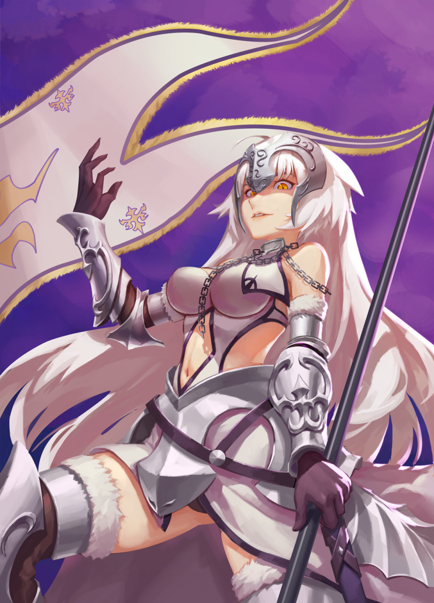 1girl ahoge armor blush breasts fate/grand_order fate_(series) flag highres holding_flag jeanne_alter large_breasts long_hair looking_at_viewer ouer_moyu parted_lips ruler_(fate/apocrypha) smile solo teeth white_hair yellow_eyes