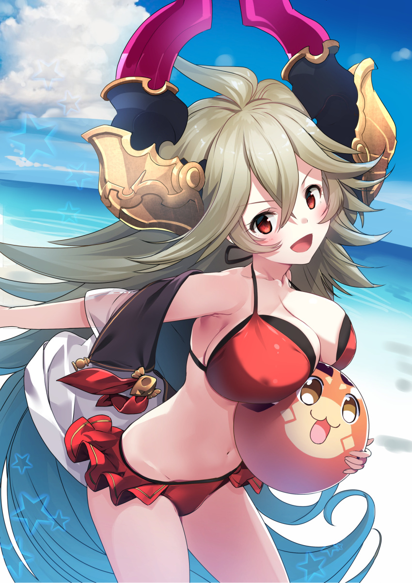 1girl ahoge ball bangs beach beachball big_hair bikini blouse blue_sky blush breasts cleavage clouds commentary_request day doraf eyebrows_visible_through_hair granblue_fantasy grey_hair hair_between_eyes halterneck highres holding holding_ball horns large_breasts long_hair looking_at_viewer navel ocean open_mouth red_bikini red_eyes sarasa_(granblue_fantasy) see-through sky solo standing star strap_gap swimsuit undressing very_long_hair water white_blouse yamacchi